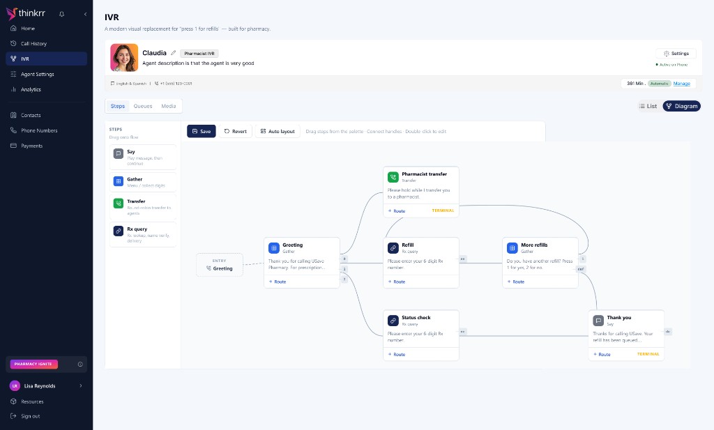 Visual IVR flow builder for pharmacy call routing
